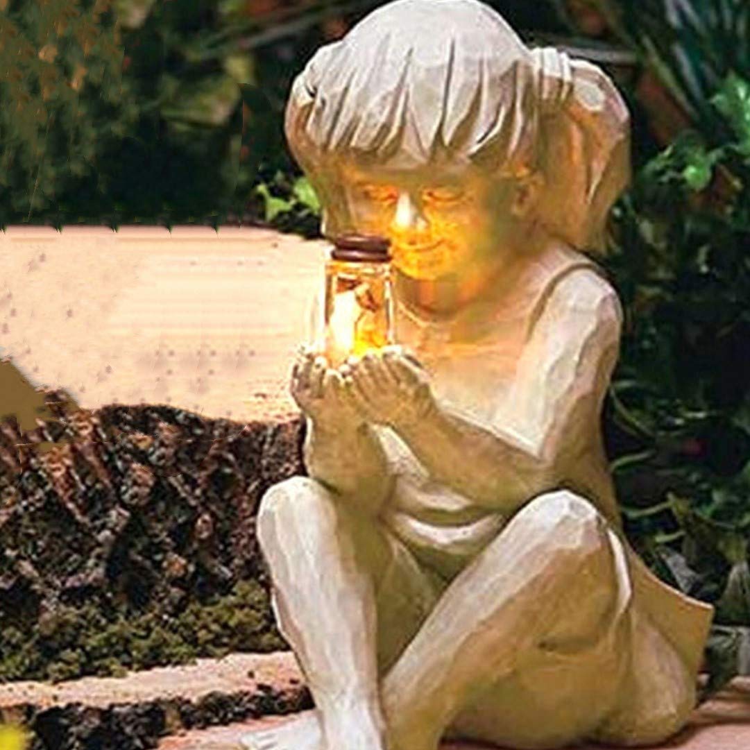 Boy & Girl Solar Lighted Fireflies Jar Light Statues Lawn Yard Garden Decor