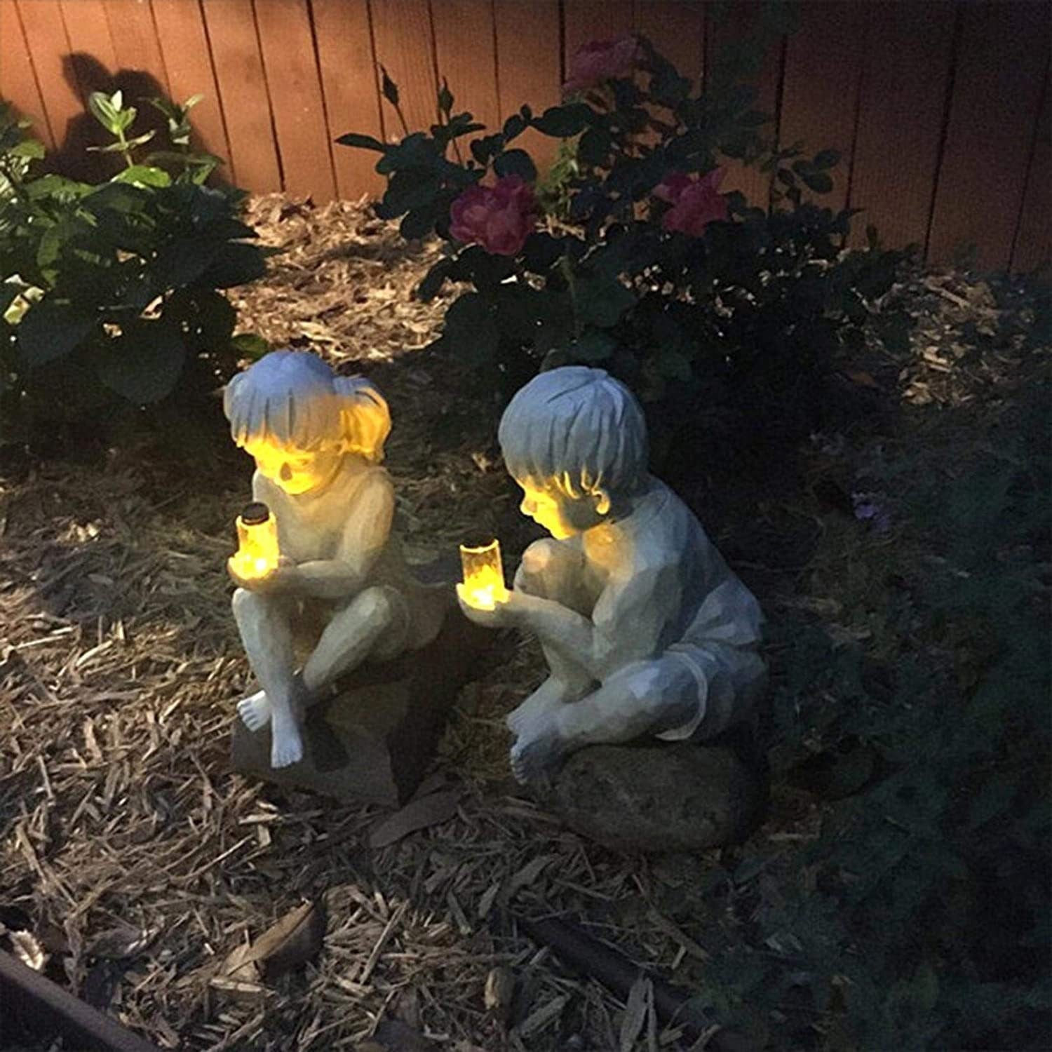 Boy & Girl Solar Lighted Fireflies Jar Light Statues Lawn Yard Garden Decor