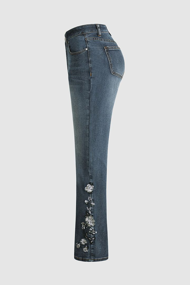 😍Last Day 56% OFF🔥Floral Hand Embroidery Mid Waist Bootcut Jeans🔥