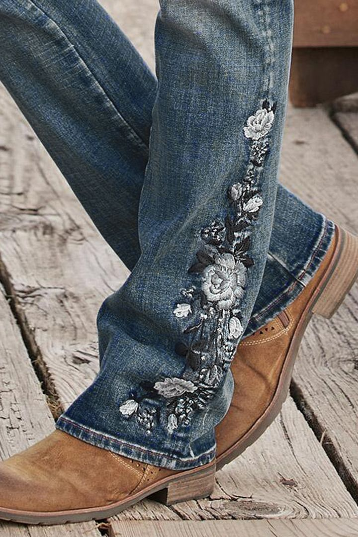 💥Today 50% OFF💥Floral Hand Embroidery Mid Waist Bootcut Jeans