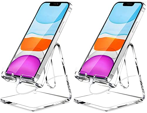 Crpich Acrylic Cell Phone Stand, Portable Phone Holder, Clear Phone Stand for Desk, Compatible with Phone 13 12 Pro Max Mini 11 Xr 8 Plus SE, Switch, Android Smartphone, Pad, Tablet, Desk Accessories