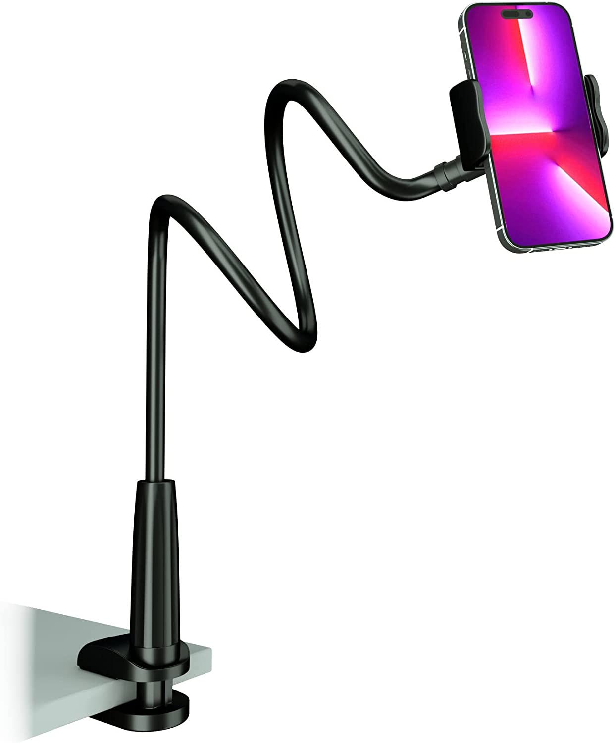 Cell Phone Clip Bed Stand Holder, with Grip Flexible Long Arm Gooseneck Bracket Mount Clamp for Desk, Compatible with iPhone 14 Pro Max XR X 8 7 6 or Other 3.5-7" Devices (Black)