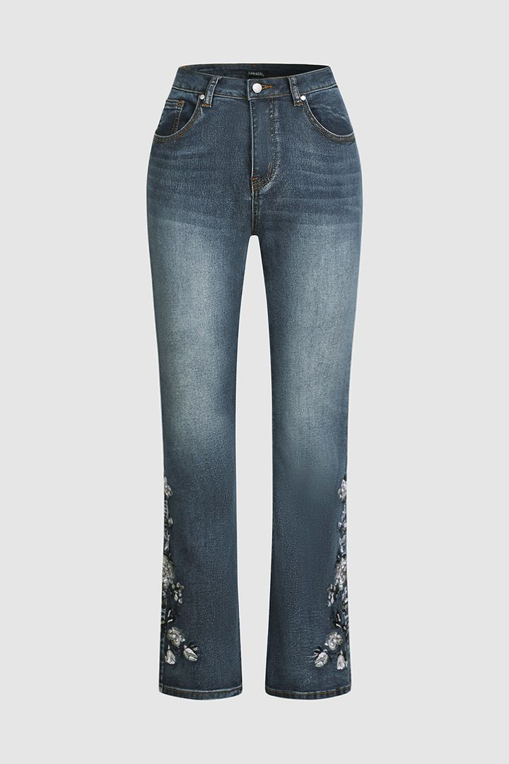 💥Today 50% OFF💥Floral Hand Embroidery Mid Waist Bootcut Jeans