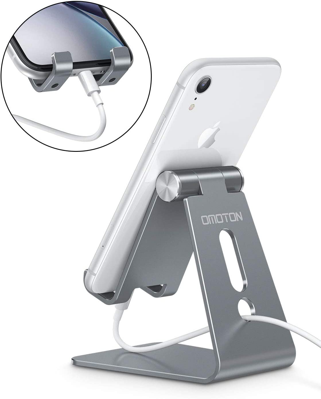 OMOTON Adjustable Cell Phone Stand, C2 Aluminum Desktop Phone Dock Holder Compatible with iPhone 11 Pro, SE, XR, 8 Plus 7 6, Samsung Galaxy, Google Pixel and More, Silver