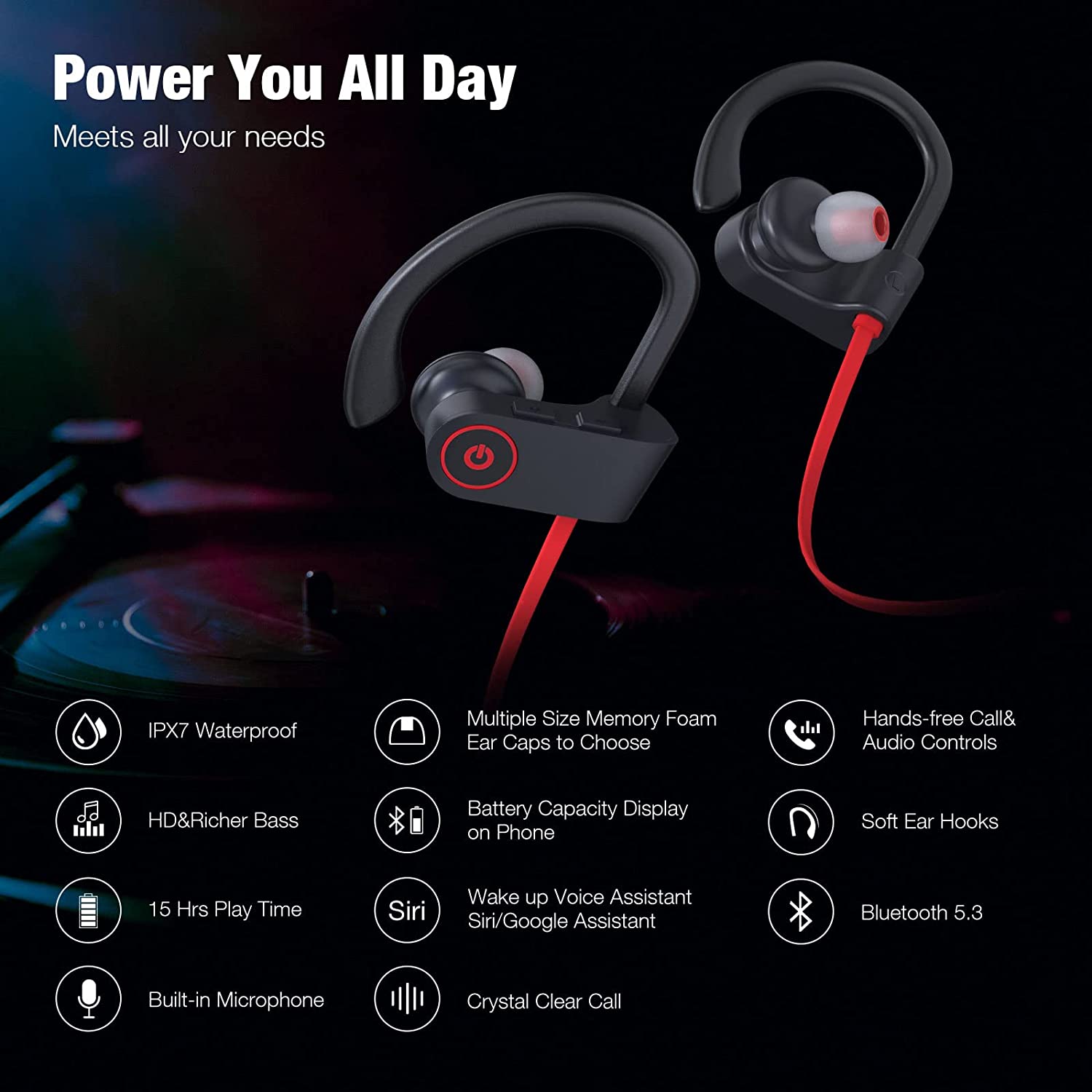 Boean Bluetooth Headphones Wireless Earbuds Bluetooth 5.3 Running Headphones IPX7 Waterproof Earphones with 15 Hrs Playtime Stereo Sound Isolation Headsets for Workout Gym