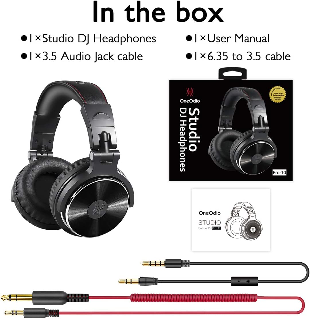 OneOdio Wired Over Ear Headphones Hi-Res Studio Monitor & Mixing DJ Stereo Headsets with 50mm Neodymium Drivers and 1/4 to 3.5mm Audio Jack for AMP Computer Recording Phone Piano Guitar Laptop - Black