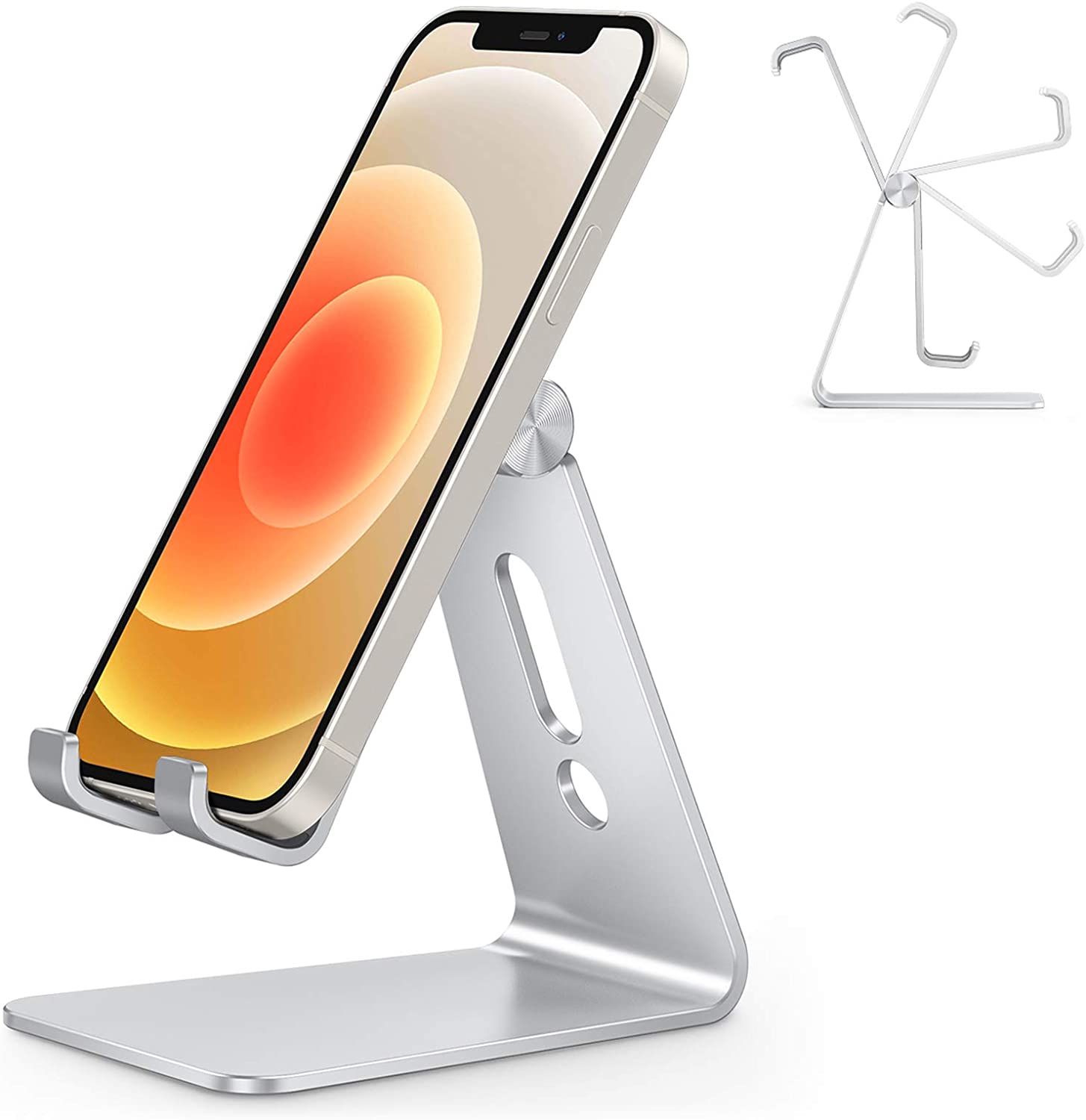 OMOTON Adjustable Cell Phone Stand, C2 Aluminum Desktop Phone Dock Holder Compatible with iPhone 11 Pro, SE, XR, 8 Plus 7 6, Samsung Galaxy, Google Pixel and More, Silver