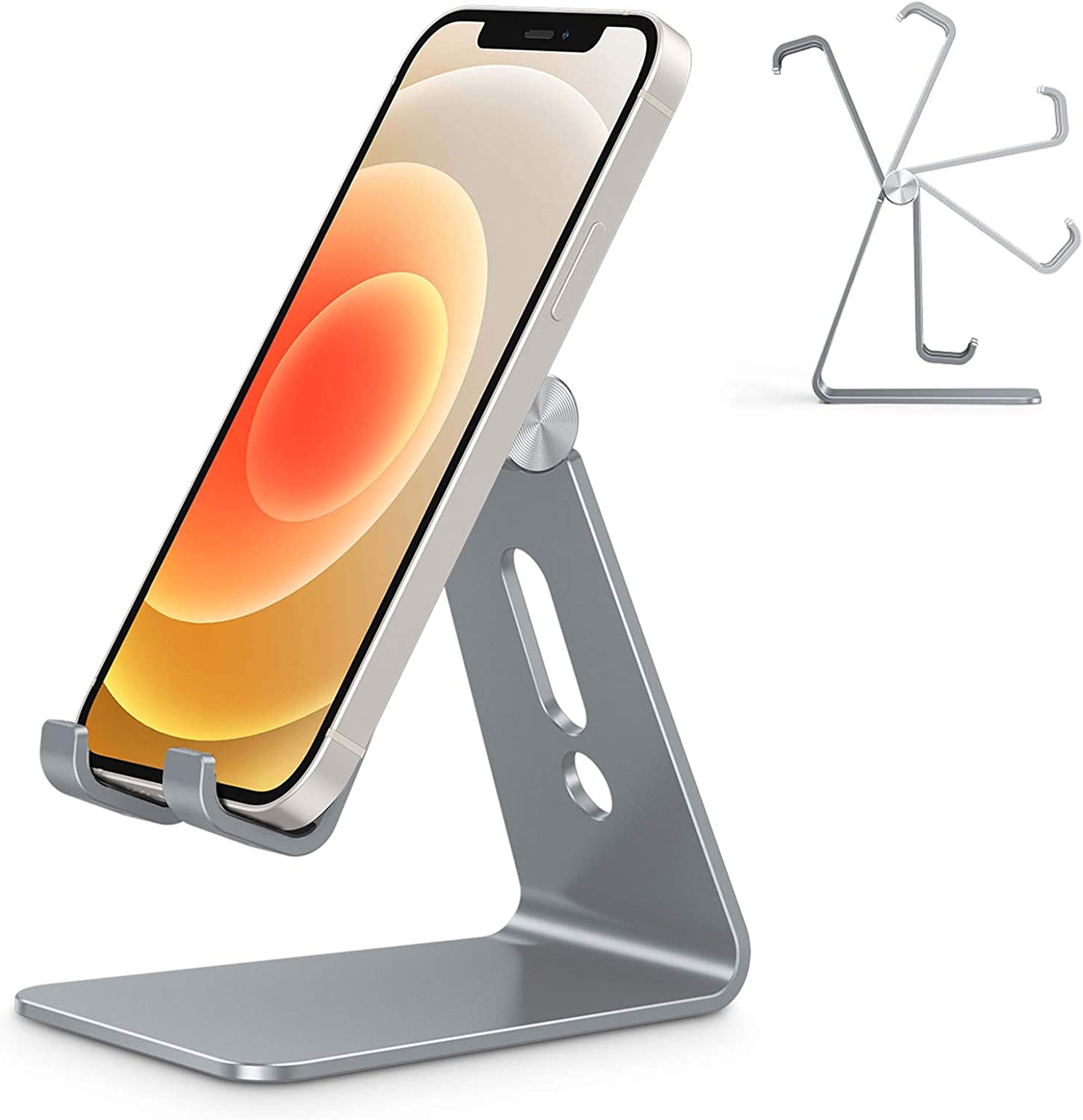 OMOTON Adjustable Cell Phone Stand, C2 Aluminum Desktop Phone Dock Holder Compatible with iPhone 11 Pro, SE, XR, 8 Plus 7 6, Samsung Galaxy, Google Pixel and More, Silver