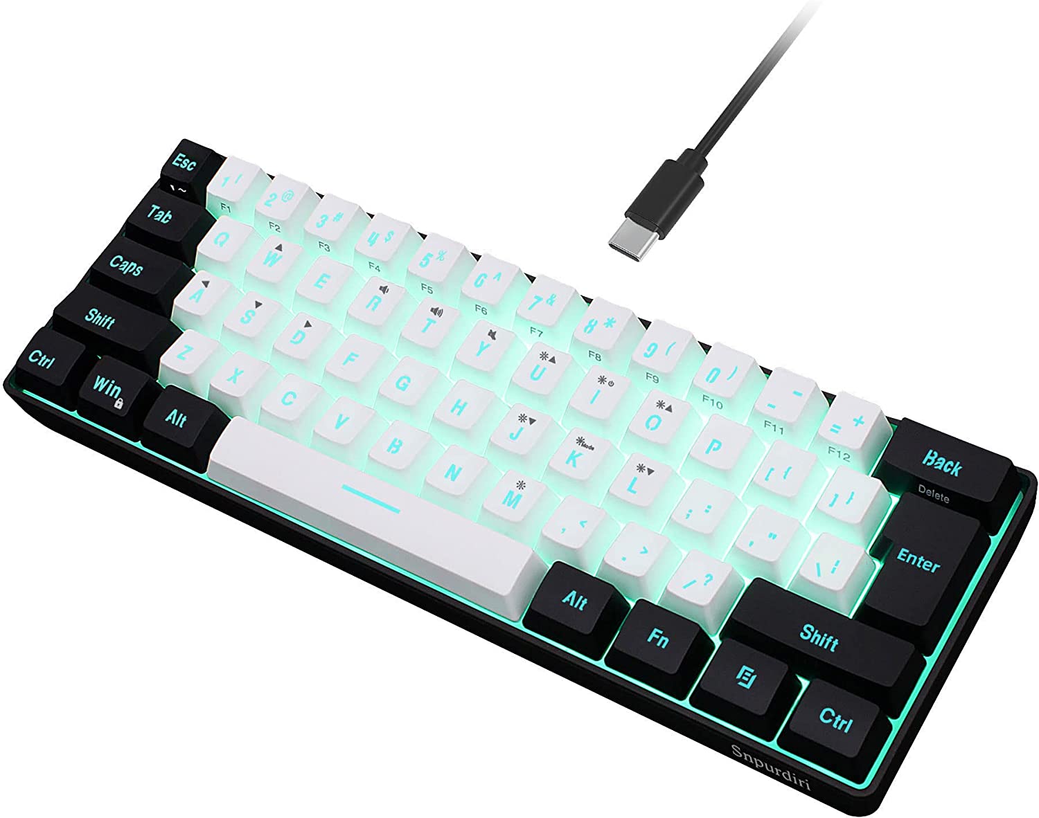 Snpurdiri 60% Wired Gaming Keyboard, RGB Backlit Ultra-Compact Mini Keyboard, Waterproof Small Compact 61 Keys Keyboard for PC/Mac Gamer, Typist, Travel, Easy to Carry on Business Trip(Black-White)