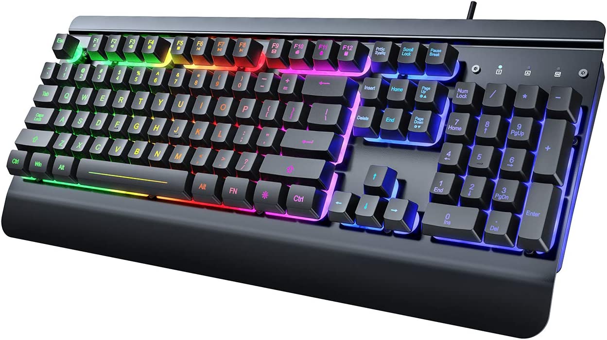 Dacoity Gaming Keyboard, 104 Keys All-Metal Panel, Rainbow LED Backlit Quiet Computer Keyboard, Wrist Rest, Multimedia Keys, Anti-ghosting Keys, Waterproof Light Up USB Wired Keyboard for PC Mac Xbox