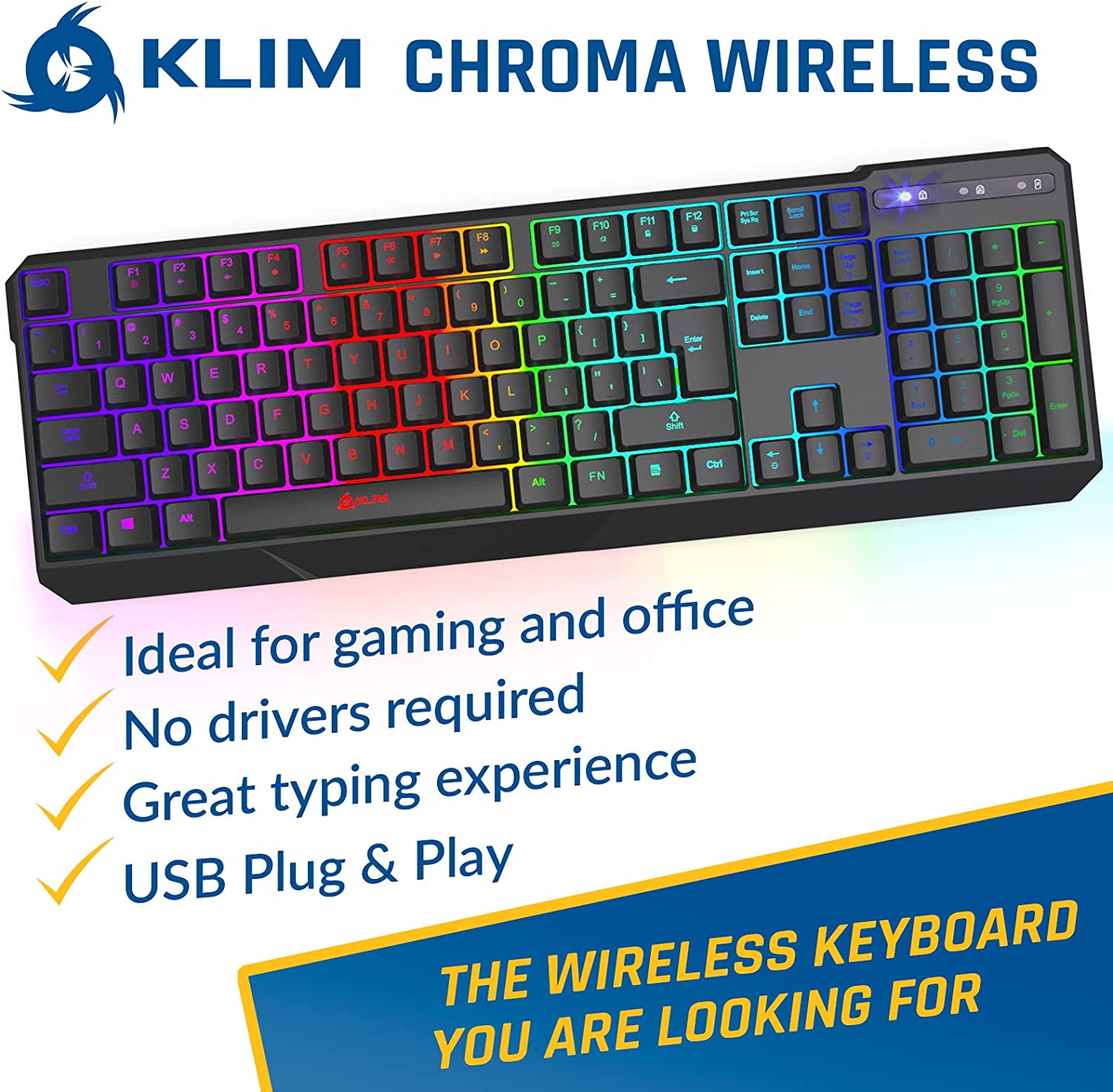 KLIM Chroma Wireless Gaming Keyboard RGB New 2022 Version - Long-Lasting Rechargeable Battery - Quick and Quiet Typing - Water Resistant Backlit Wireless Keyboard for PC PS5 PS4 Xbox One Mac - Black