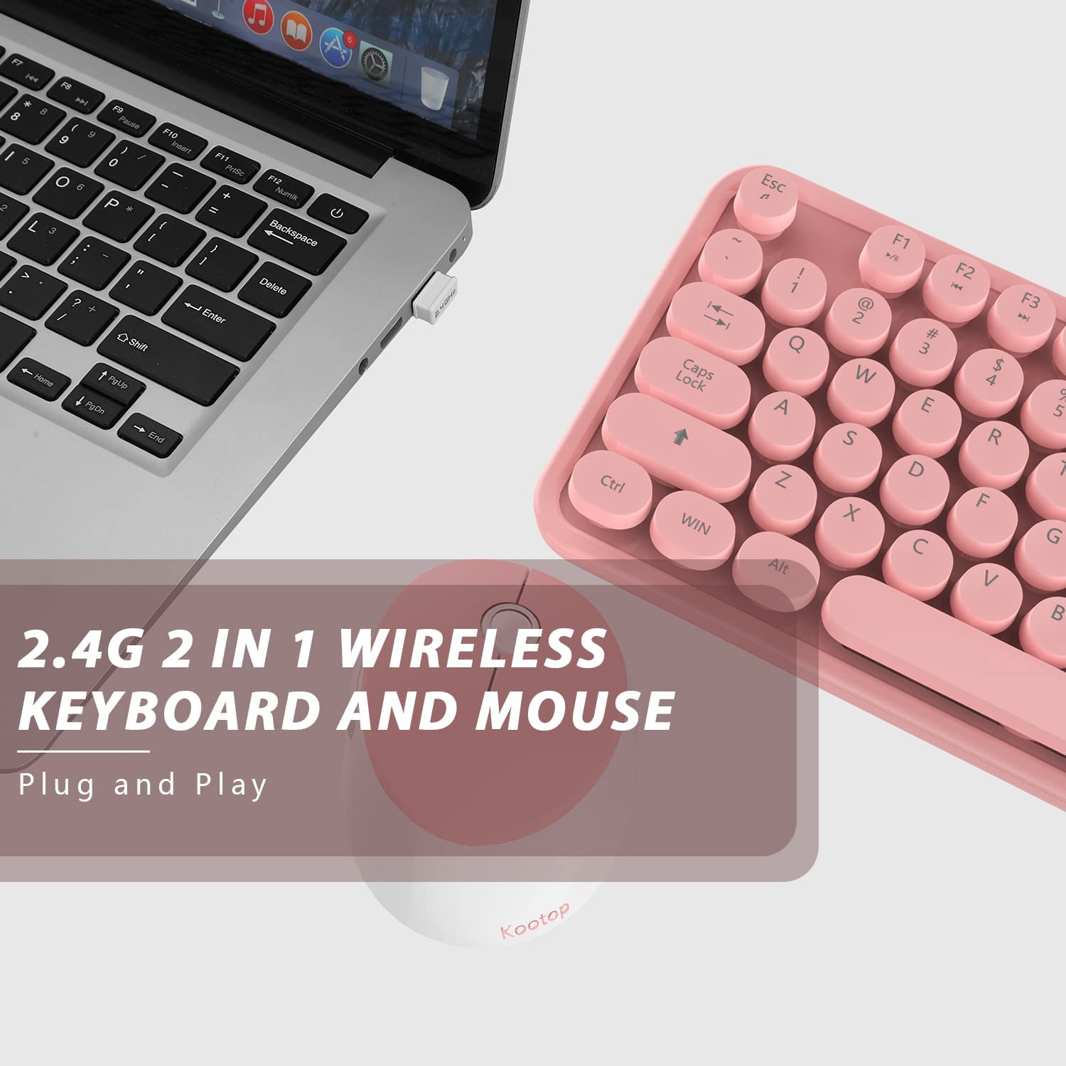 Pink Wireless Keyboard and Mouse , KOOTOP Cute Pink Keyboard and Mouse, 2.4G Wireless Keyboard Pink with Retro Round Keycap for PC, Mac, Laptop,Tablet,Computer Windows