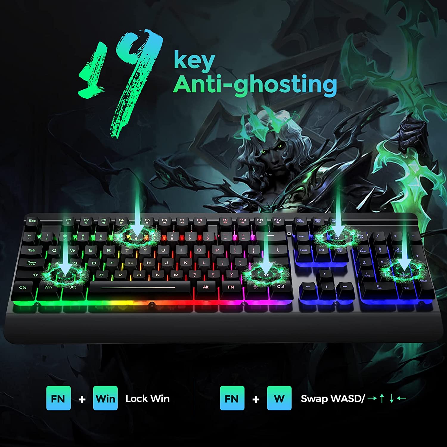 Dacoity Gaming Keyboard, 104 Keys All-Metal Panel, Rainbow LED Backlit Quiet Computer Keyboard, Wrist Rest, Multimedia Keys, Anti-ghosting Keys, Waterproof Light Up USB Wired Keyboard for PC Mac Xbox