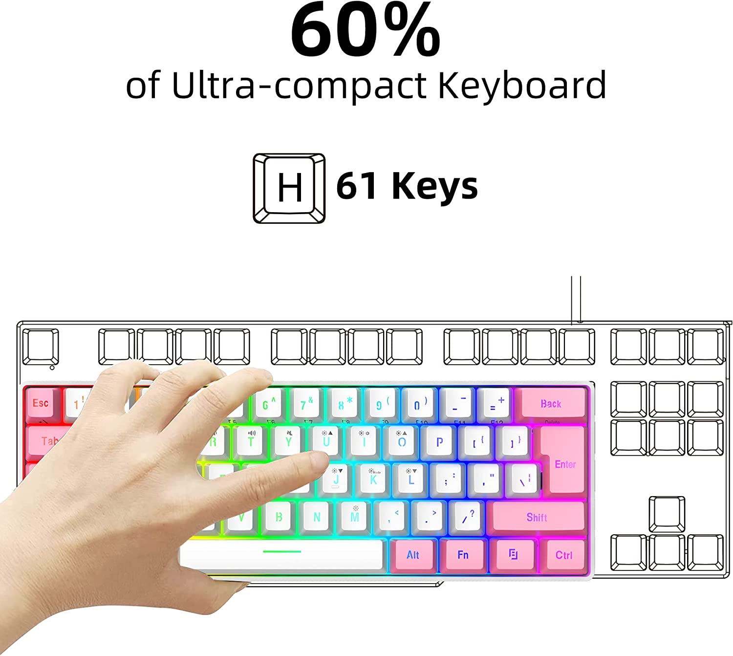 Snpurdiri 60% Wired Gaming Keyboard, RGB Backlit Ultra-Compact Mini Keyboard, Waterproof Small Compact 61 Keys Keyboard for PC/Mac Gamer, Typist, Travel, Easy to Carry on Business Trip(Black-White)