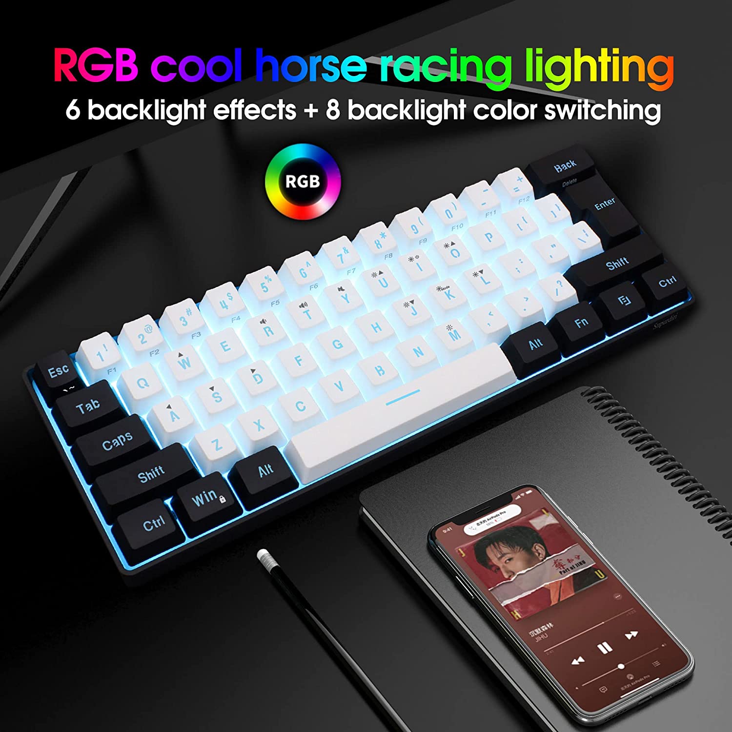 Snpurdiri 60% Wired Gaming Keyboard, RGB Backlit Ultra-Compact Mini Keyboard, Waterproof Small Compact 61 Keys Keyboard for PC/Mac Gamer, Typist, Travel, Easy to Carry on Business Trip(Black-White)