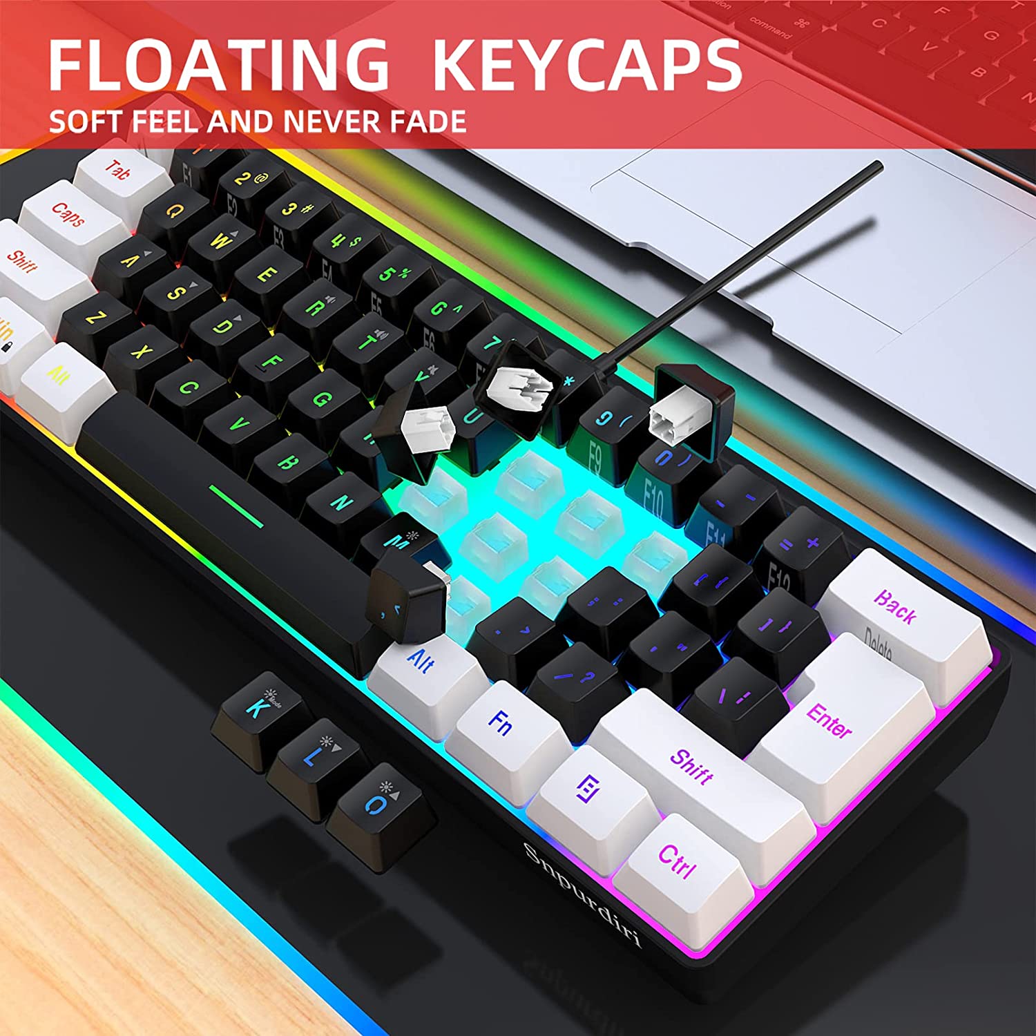 Snpurdiri 60% Wired Gaming Keyboard, RGB Backlit Ultra-Compact Mini Keyboard, Waterproof Small Compact 61 Keys Keyboard for PC/Mac Gamer, Typist, Travel, Easy to Carry on Business Trip(Black-White)