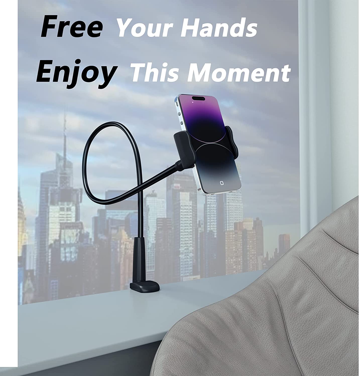 Cell Phone Clip Bed Stand Holder, with Grip Flexible Long Arm Gooseneck Bracket Mount Clamp for Desk, Compatible with iPhone 14 Pro Max XR X 8 7 6 or Other 3.5-7" Devices (Black)