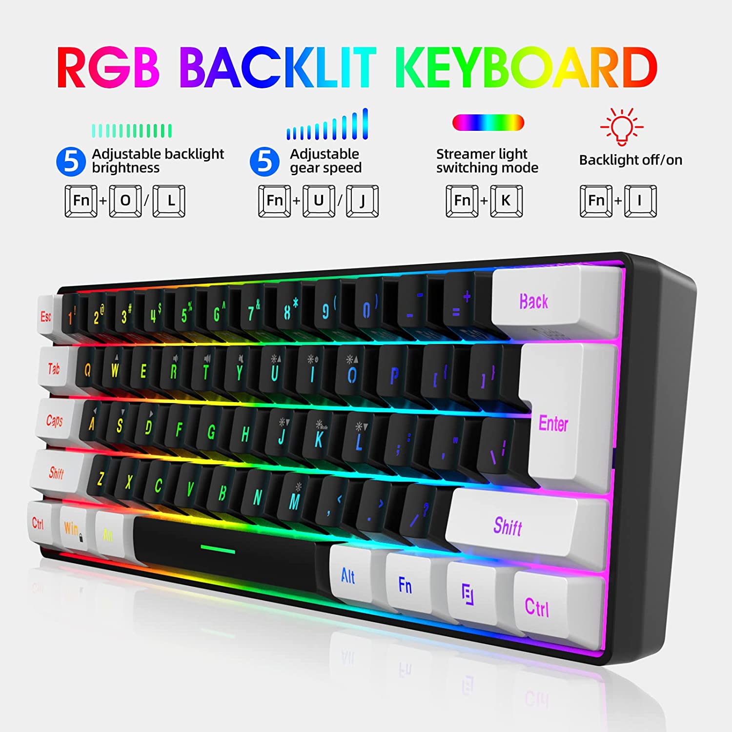 Snpurdiri 60% Wired Gaming Keyboard, RGB Backlit Ultra-Compact Mini Keyboard, Waterproof Small Compact 61 Keys Keyboard for PC/Mac Gamer, Typist, Travel, Easy to Carry on Business Trip(Black-White)