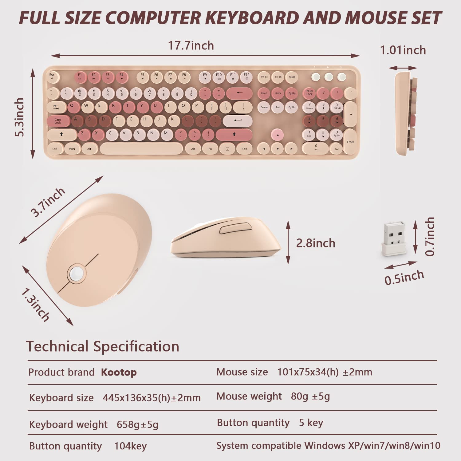 Pink Wireless Keyboard and Mouse , KOOTOP Cute Pink Keyboard and Mouse, 2.4G Wireless Keyboard Pink with Retro Round Keycap for PC, Mac, Laptop,Tablet,Computer Windows