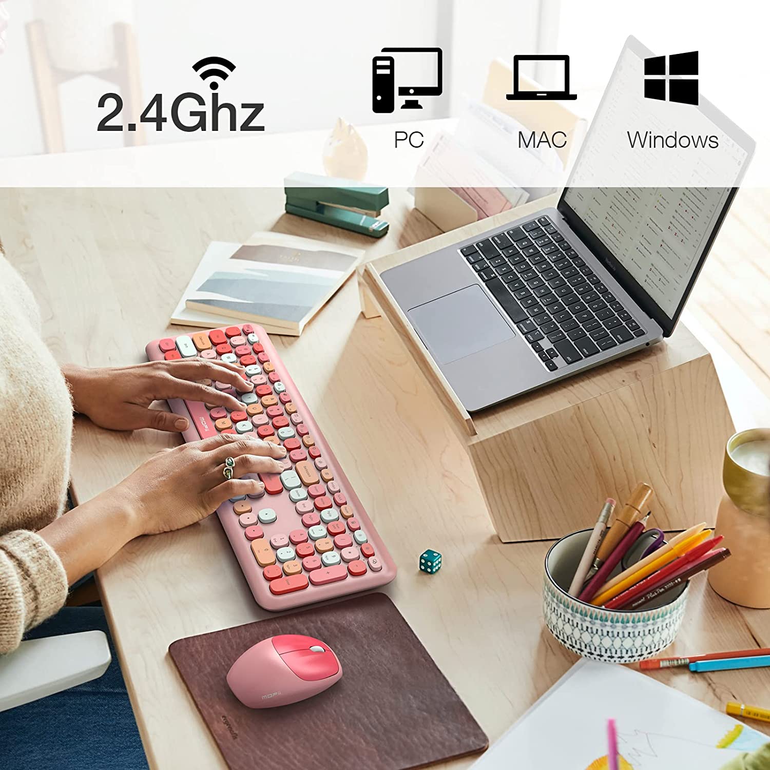 MOFII Wireless Keyboard and Mouse Combo,2.4GHz Retro Full-Size Wireless Keyboard with Number Pad and Cute Wireless Mouse for Computer PC Desktops Laptop WindowsxP/7/8/10(Milk Tea Colorful-B)