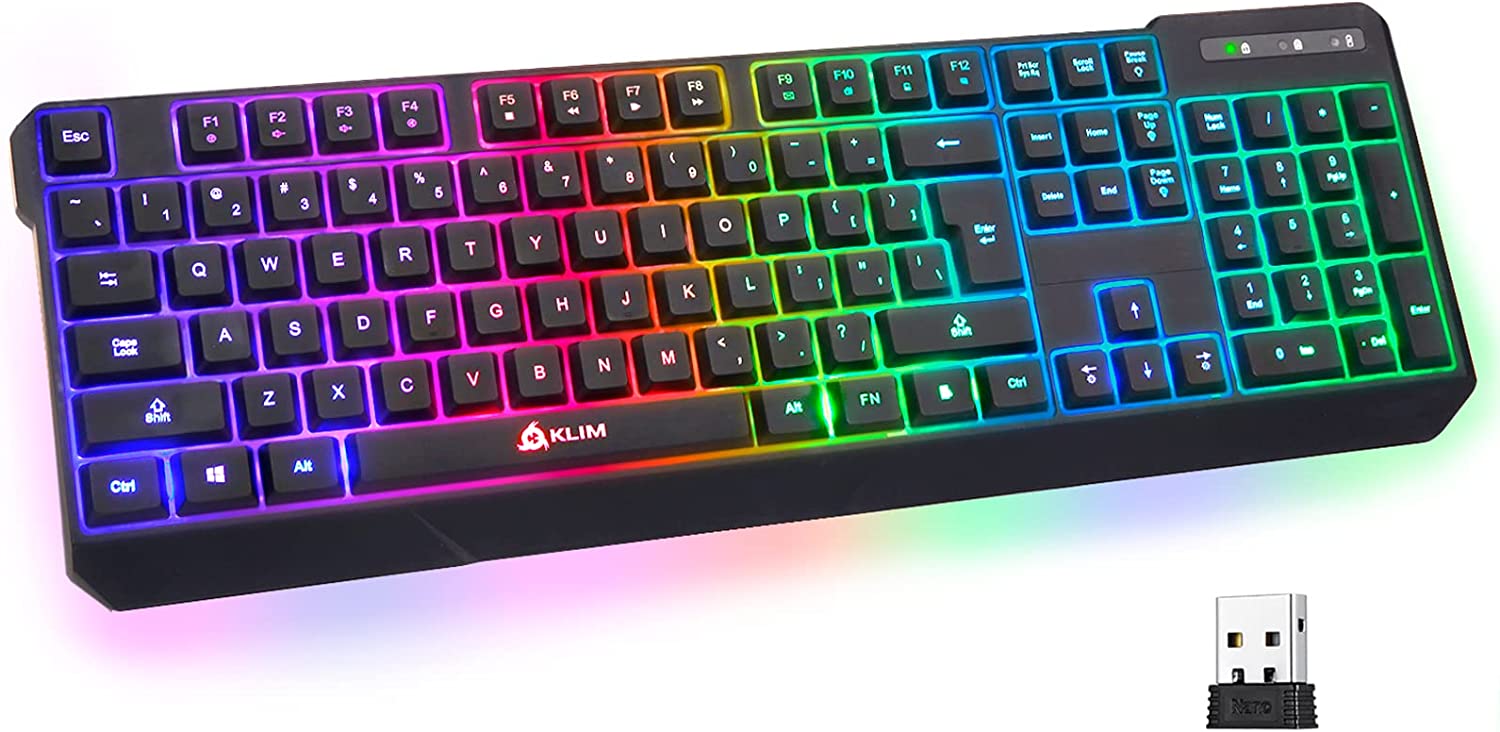 KLIM Chroma Wireless Gaming Keyboard RGB New 2022 Version - Long-Lasting Rechargeable Battery - Quick and Quiet Typing - Water Resistant Backlit Wireless Keyboard for PC PS5 PS4 Xbox One Mac - Black