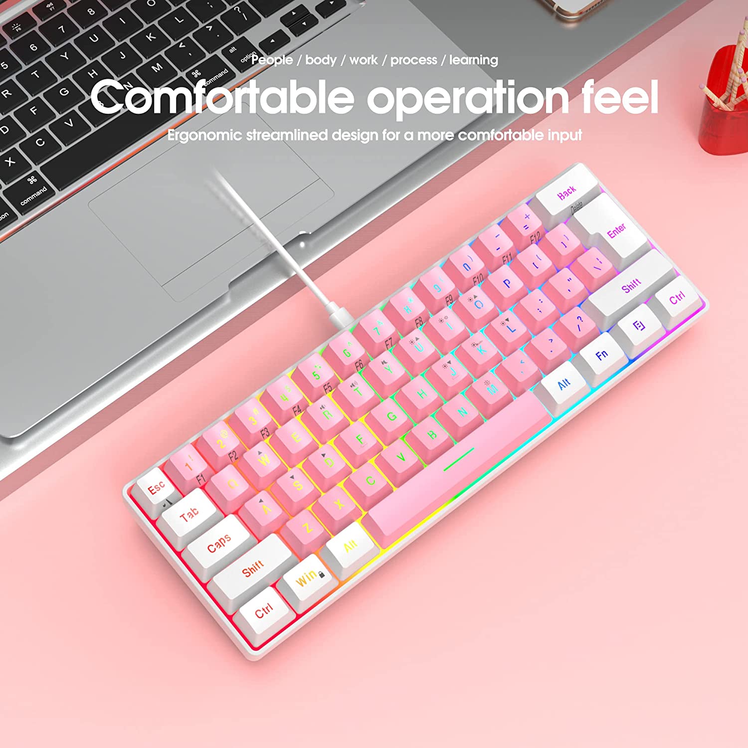 Snpurdiri 60% Wired Gaming Keyboard, RGB Backlit Ultra-Compact Mini Keyboard, Waterproof Small Compact 61 Keys Keyboard for PC/Mac Gamer, Typist, Travel, Easy to Carry on Business Trip(Black-White)