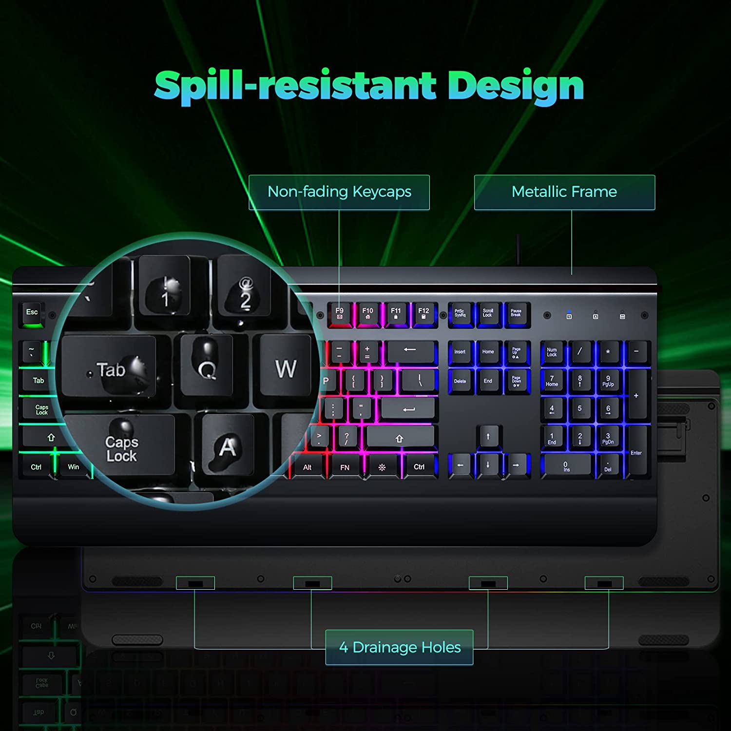 Dacoity Gaming Keyboard, 104 Keys All-Metal Panel, Rainbow LED Backlit Quiet Computer Keyboard, Wrist Rest, Multimedia Keys, Anti-ghosting Keys, Waterproof Light Up USB Wired Keyboard for PC Mac Xbox