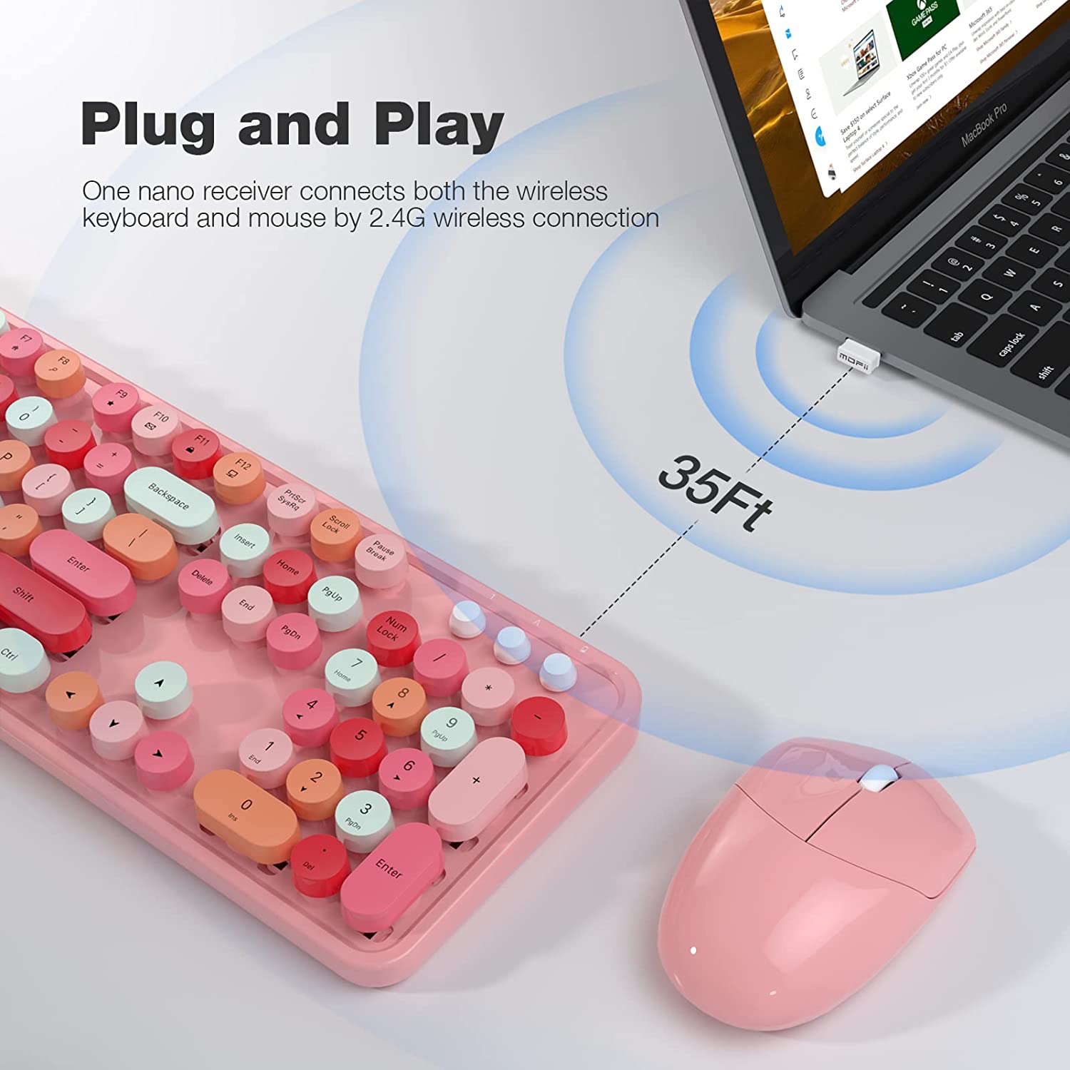 MOFII Wireless Keyboard and Mouse Combo,2.4GHz Retro Full-Size Wireless Keyboard with Number Pad and Cute Wireless Mouse for Computer PC Desktops Laptop WindowsxP/7/8/10(Milk Tea Colorful-B)