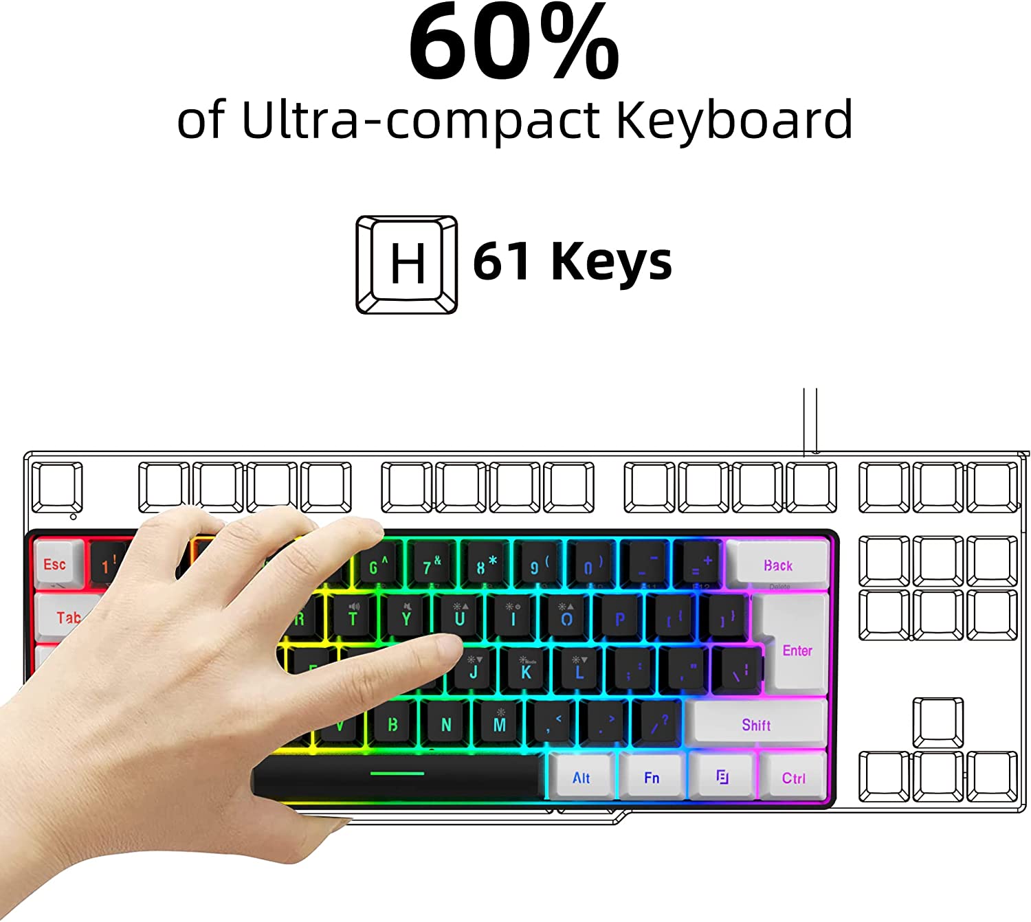 Snpurdiri 60% Wired Gaming Keyboard, RGB Backlit Ultra-Compact Mini Keyboard, Waterproof Small Compact 61 Keys Keyboard for PC/Mac Gamer, Typist, Travel, Easy to Carry on Business Trip(Black-White)