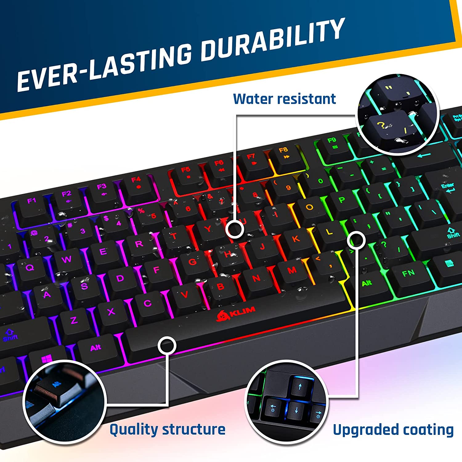 KLIM Chroma Wireless Gaming Keyboard RGB New 2022 Version - Long-Lasting Rechargeable Battery - Quick and Quiet Typing - Water Resistant Backlit Wireless Keyboard for PC PS5 PS4 Xbox One Mac - Black