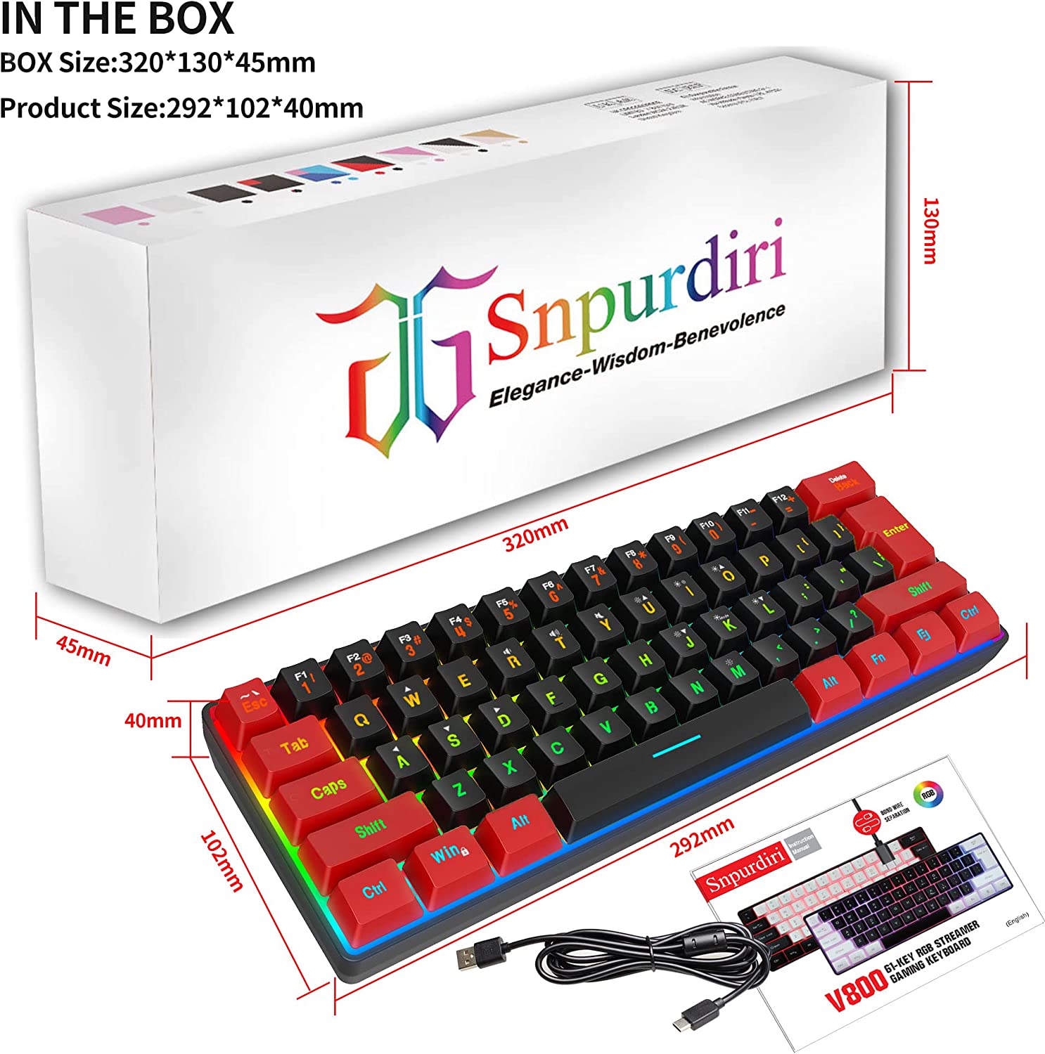 Snpurdiri 60% Wired Gaming Keyboard, RGB Backlit Ultra-Compact Mini Keyboard, Waterproof Small Compact 61 Keys Keyboard for PC/Mac Gamer, Typist, Travel, Easy to Carry on Business Trip(Black-White)