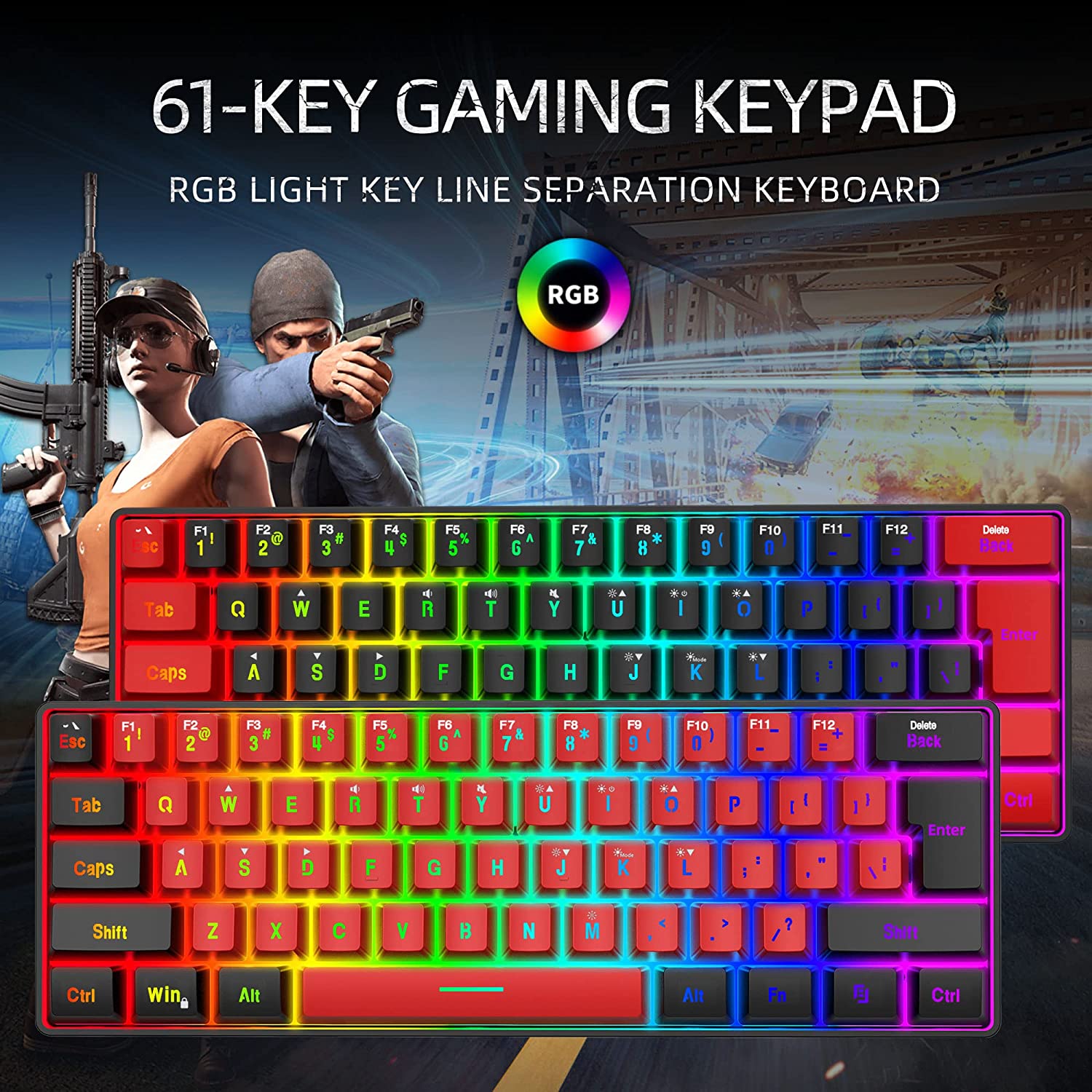 Snpurdiri 60% Wired Gaming Keyboard, RGB Backlit Ultra-Compact Mini Keyboard, Waterproof Small Compact 61 Keys Keyboard for PC/Mac Gamer, Typist, Travel, Easy to Carry on Business Trip(Black-White)