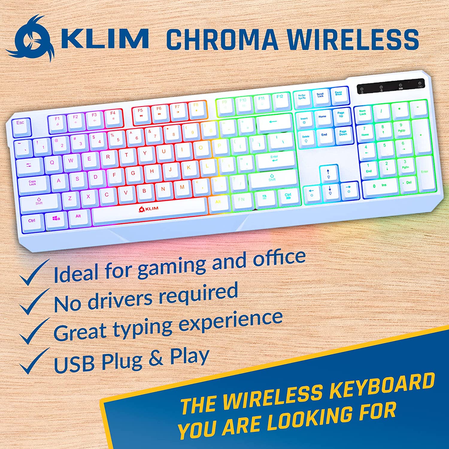 KLIM Chroma Wireless Gaming Keyboard RGB New 2022 Version - Long-Lasting Rechargeable Battery - Quick and Quiet Typing - Water Resistant Backlit Wireless Keyboard for PC PS5 PS4 Xbox One Mac - Black