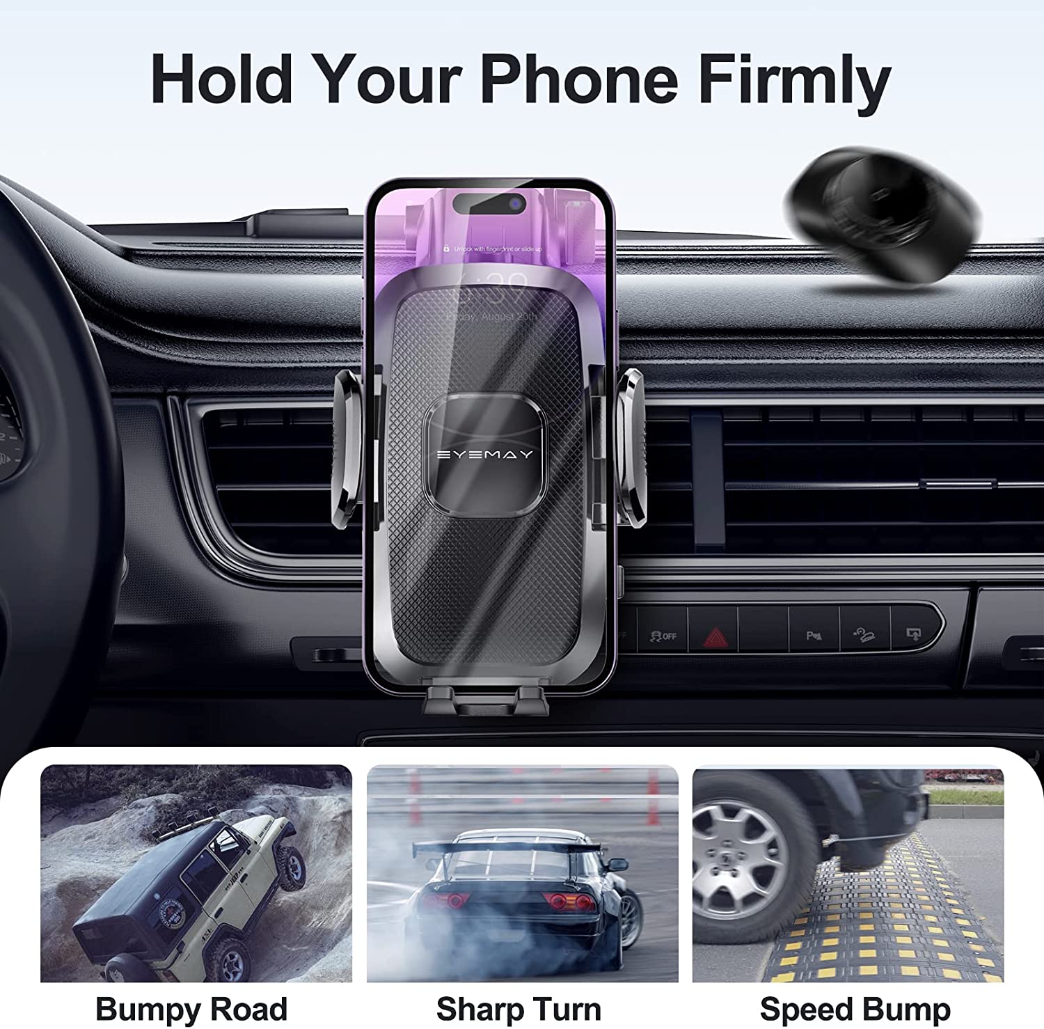 Eyemay 2023 Upgraded Car Phone Holder Mount - [ Bumpy Roads Friendly ] Phone Mount for Car Dashboard Windshield Air Vent 3 in 1, Hand Free Mount for iPhone 14 13 12 Pro Max Samsung All Cell Phones