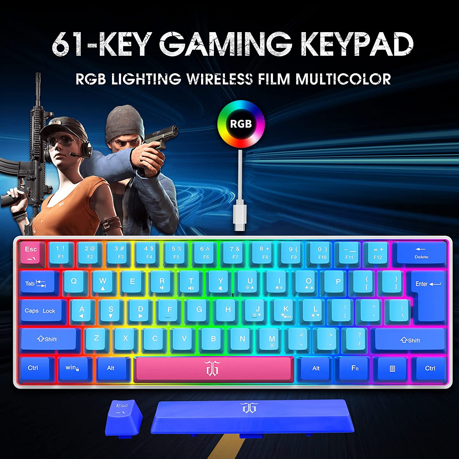 Snpurdiri 60% Wired Gaming Keyboard, RGB Backlit Ultra-Compact Mini Keyboard, Waterproof Small Compact 61 Keys Keyboard for PC/Mac Gamer, Typist, Travel, Easy to Carry on Business Trip(Black-White)