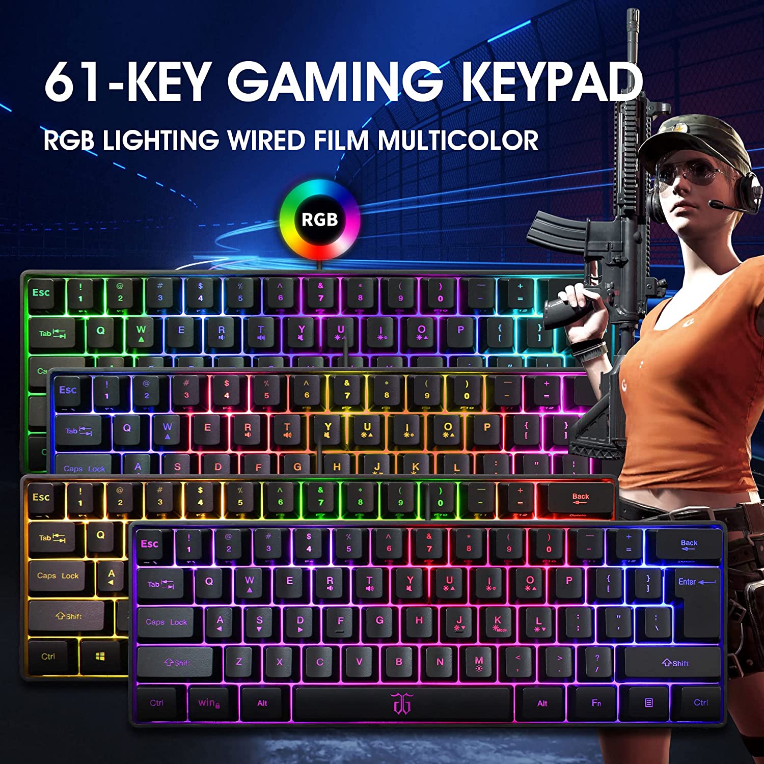 Snpurdiri 60% Wired Gaming Keyboard, RGB Backlit Ultra-Compact Mini Keyboard, Waterproof Small Compact 61 Keys Keyboard for PC/Mac Gamer, Typist, Travel, Easy to Carry on Business Trip(Black-White)