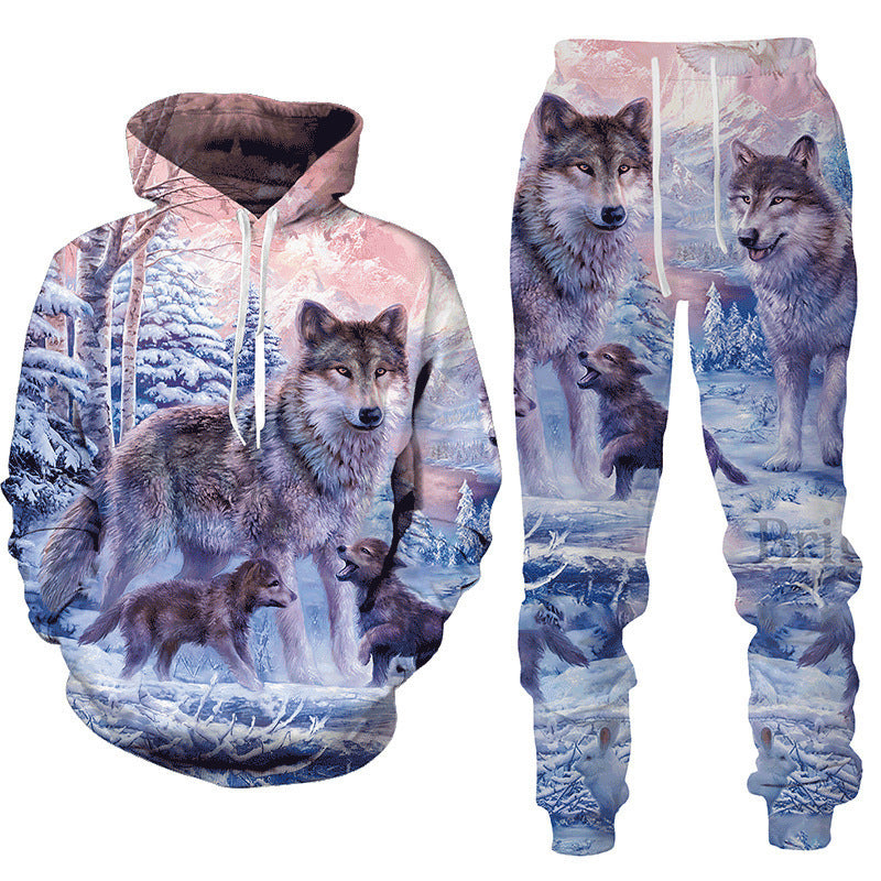 New Spring and Autumn Animal Wolf 3D Printing Hoodie Set: Casual Sports Couple Suit