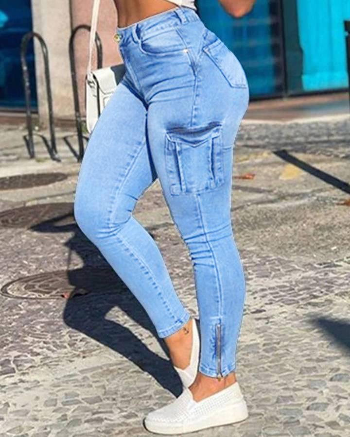 Flap Pocket Zipper Side Skinny Jeans