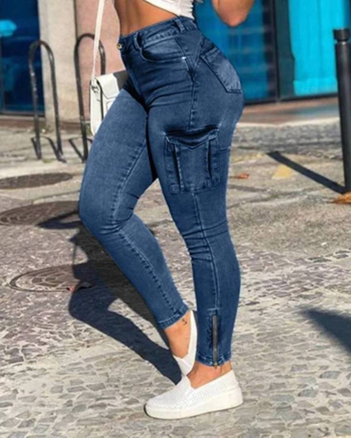 Flap Pocket Zipper Side Skinny Jeans